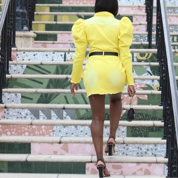 novan Yellow Ombre Dallas Puffy Shoulder Button Front Raw Hem Denim Dress NWT S - Picture 4 of 16